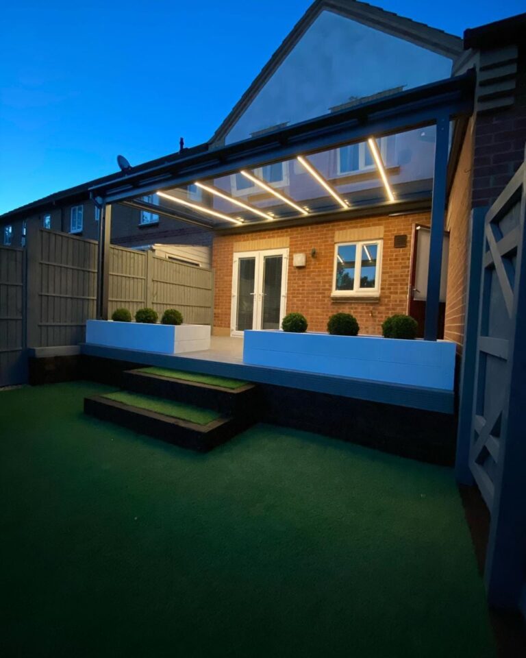 glass roof pergola with lighting