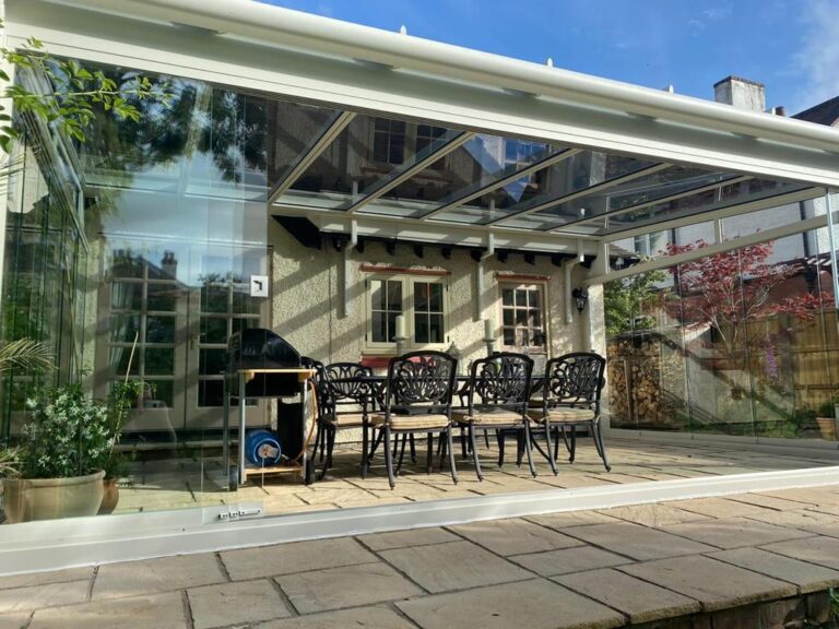 white glass roof pergola with glazing