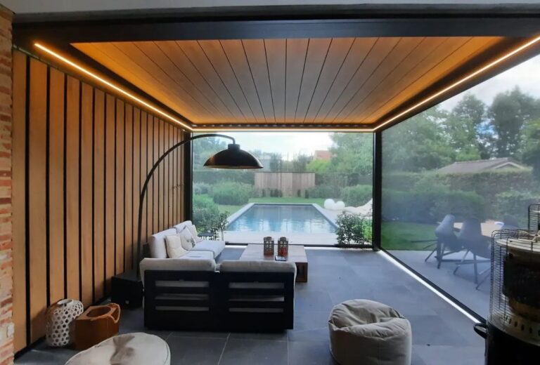 modern pergola with a louvred wall