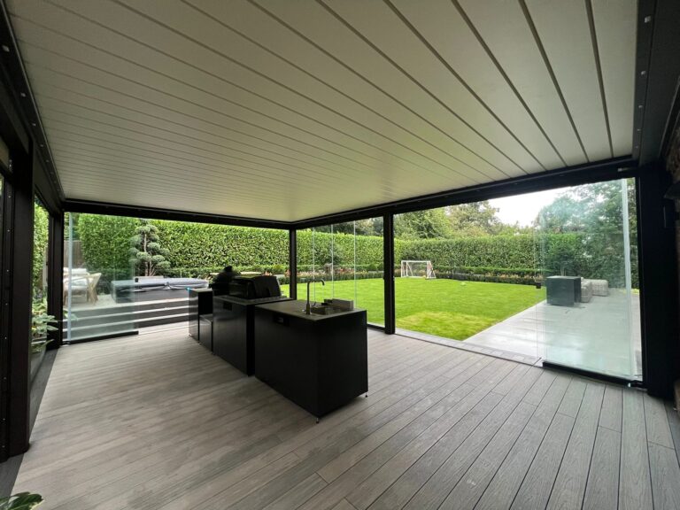 large pergola with bladed roof and glazed walls