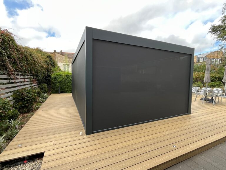 a close up of anthracite pergola with shading and screens