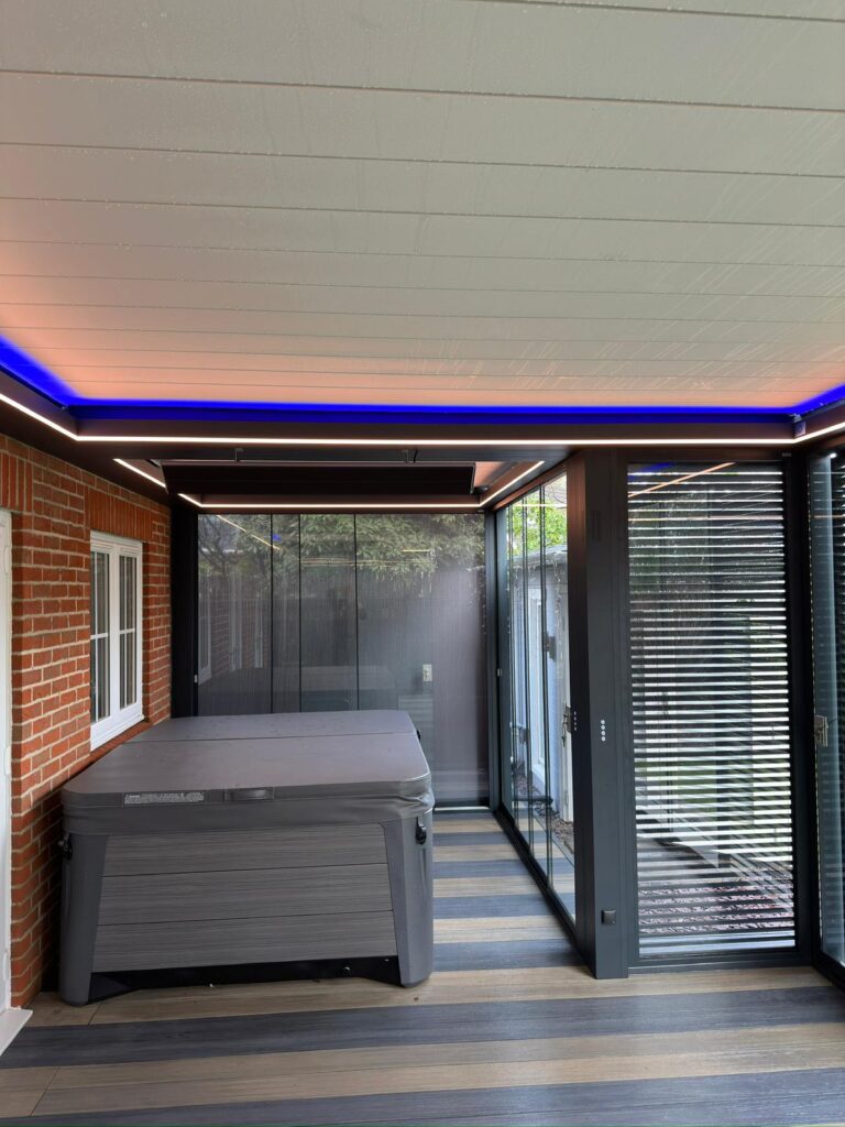 inside a bladed roof pergola