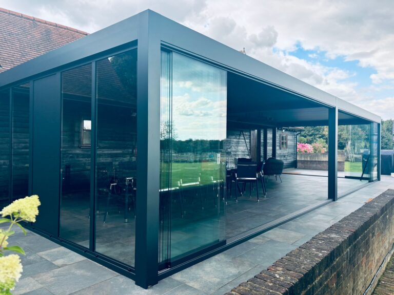 pergola with bladed roof in anthracite