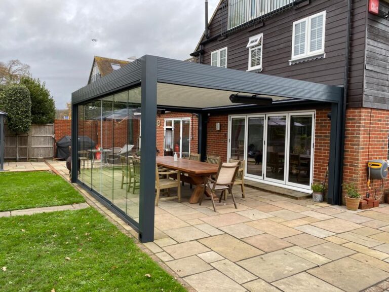 large pergola with retractable roof and glazing