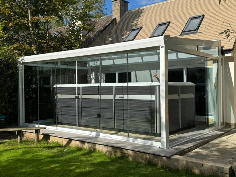 glass roof ambient pergola in white