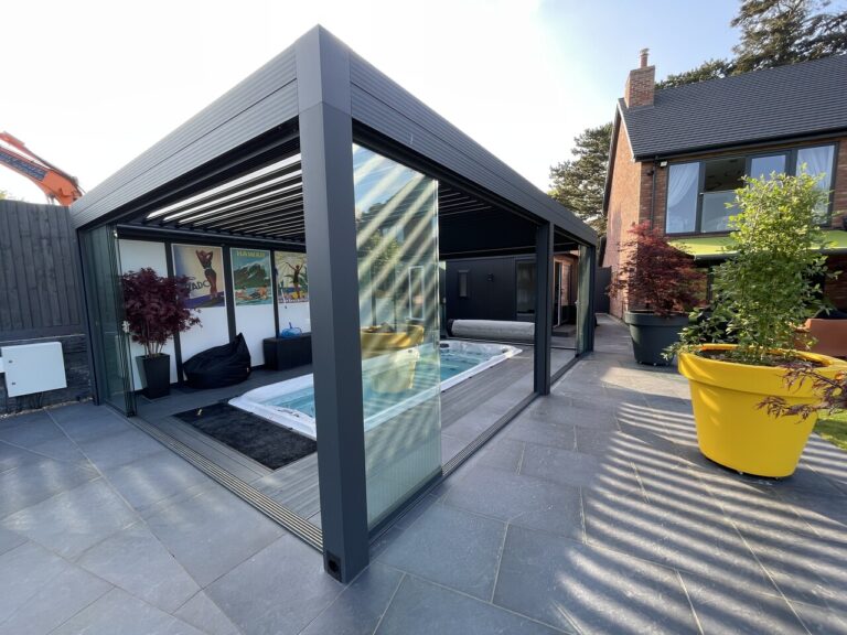 large pergola covering outdoor pool