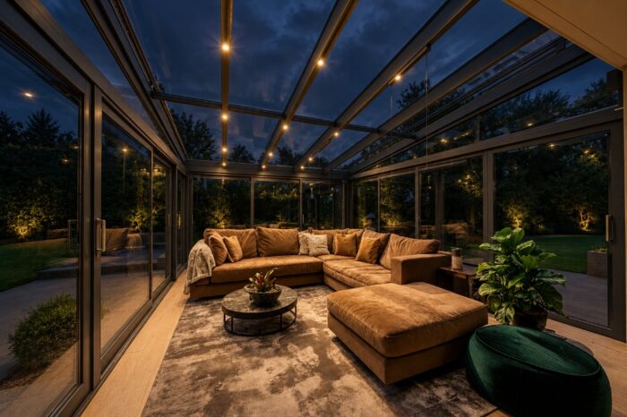 Warm LED lights along the rafters of a glass extension